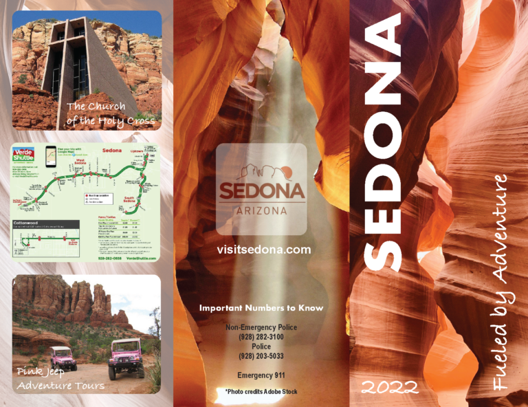 Sedona travel brochure front panel featuring red rock formations, with sections for hiking trails, attractions, and nightlife recommendations, designed by A. Robinson.