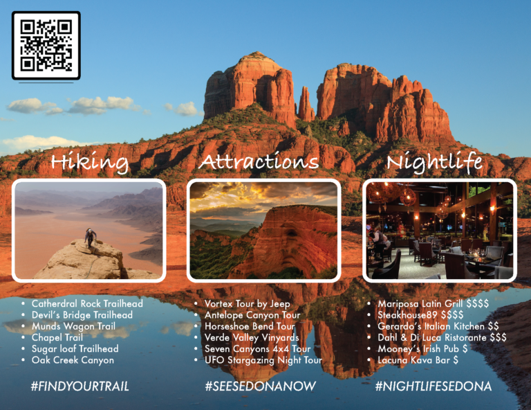 Sedona travel brochure back cover featuring a glowing slot canyon photo, a Verde Shuttle route map, and a Pink Jeep tour image, designed by A. Robinson.