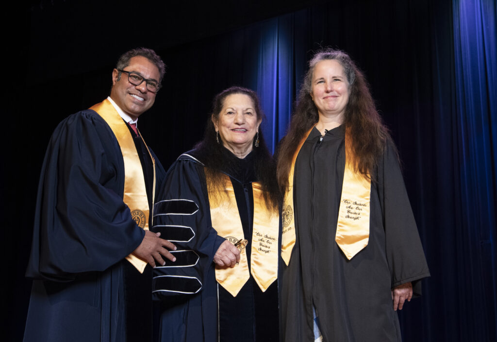 Nossi College of Art 2021 Graduation Master of Ceremonies Cyrus Vatandoost, Ms. Nossi and Celene Aubry