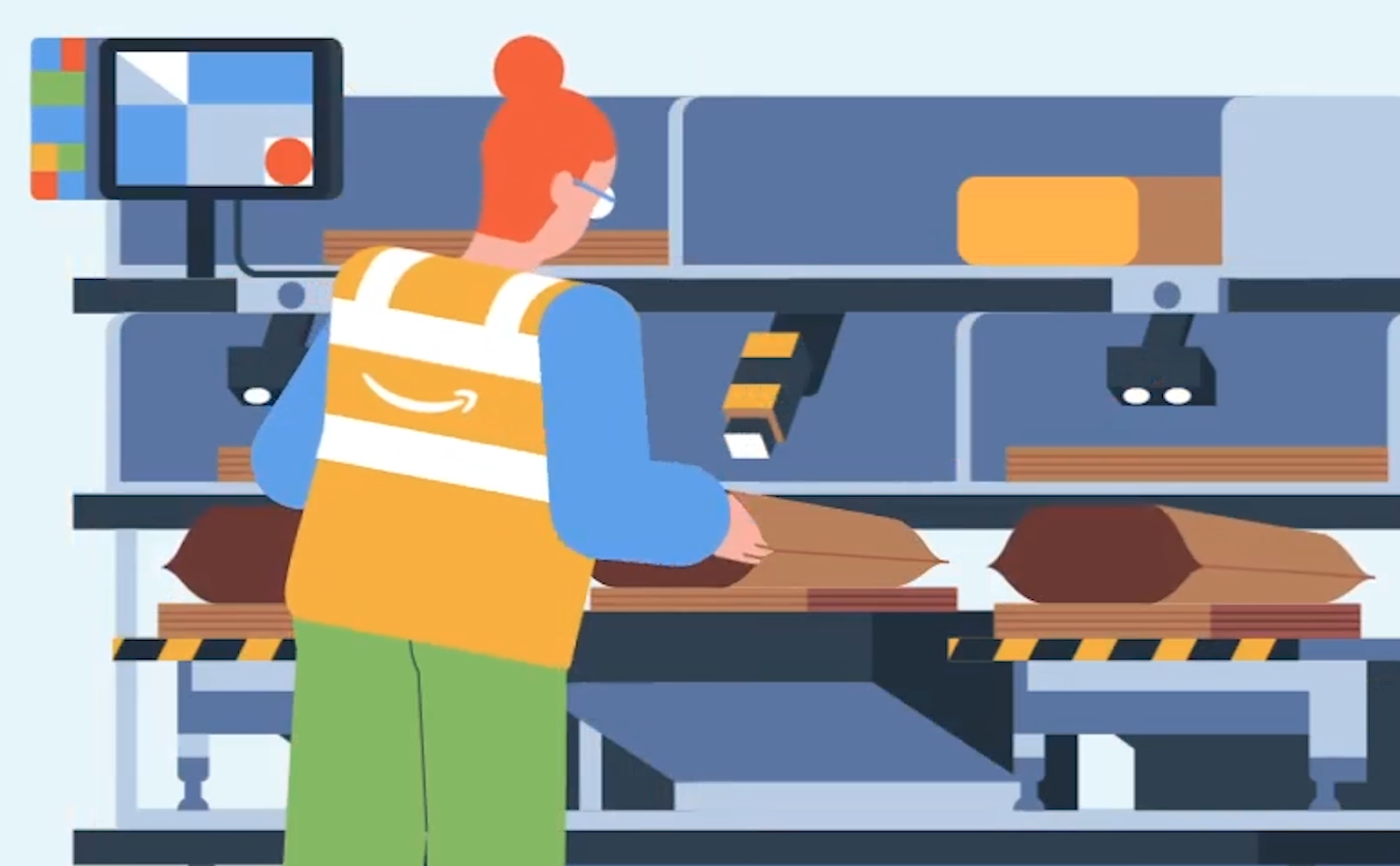 Motion Graphics at Nossi—tech explainer frame with operator at automated packing station.