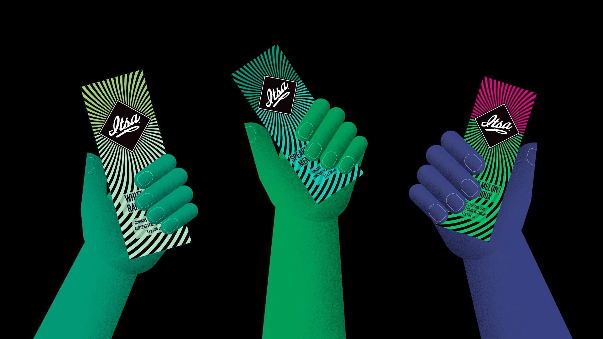 Brand/packaging illustration—three stylized hands presenting product packs against a black background.