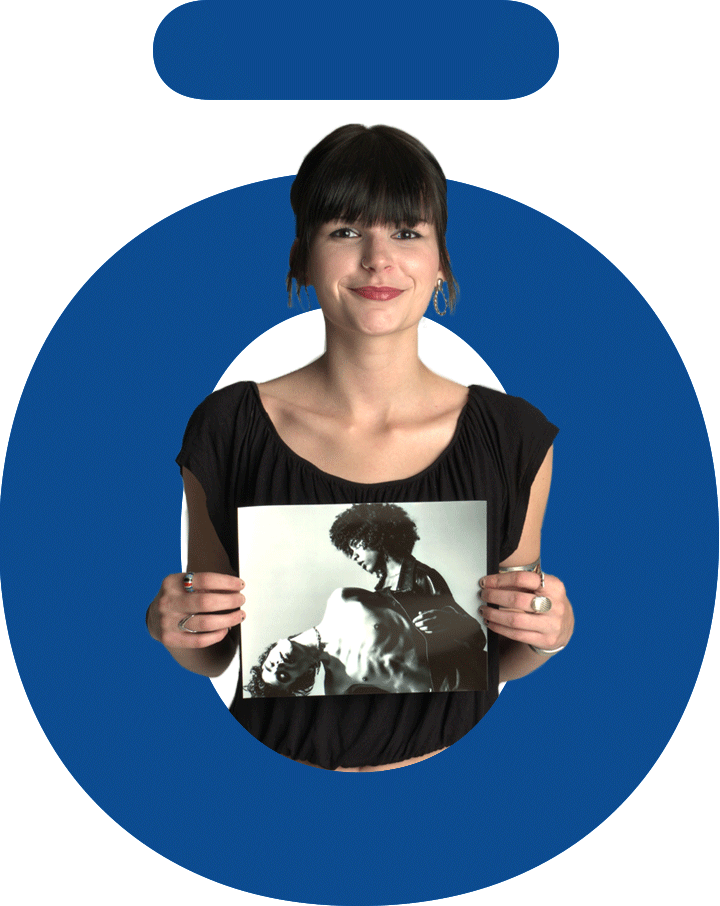 Photography &amp; Content Creation student showcasing a black-and-white portrait project from Nossi’s digital photography studio.