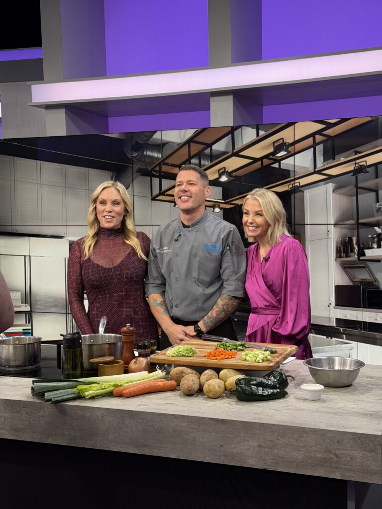 Chef Zac demonstrating professional pan sauce technique on Local on 2 in Nashville for Nossi Culinary Arts program