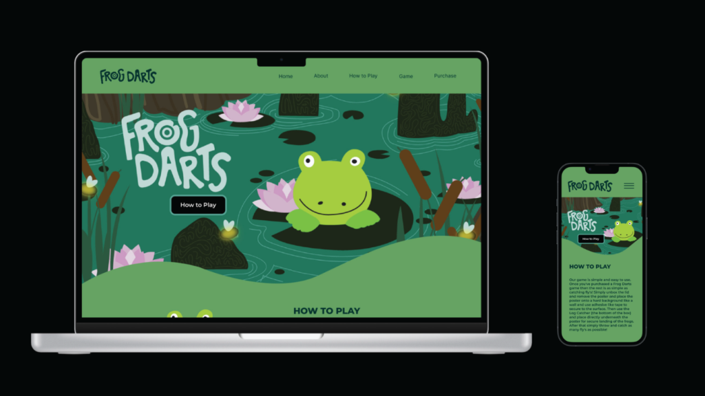 Frog Darts game website design — desktop and mobile mockup by Kylie Taylor, Nossi College Graphic & Interactive Design student