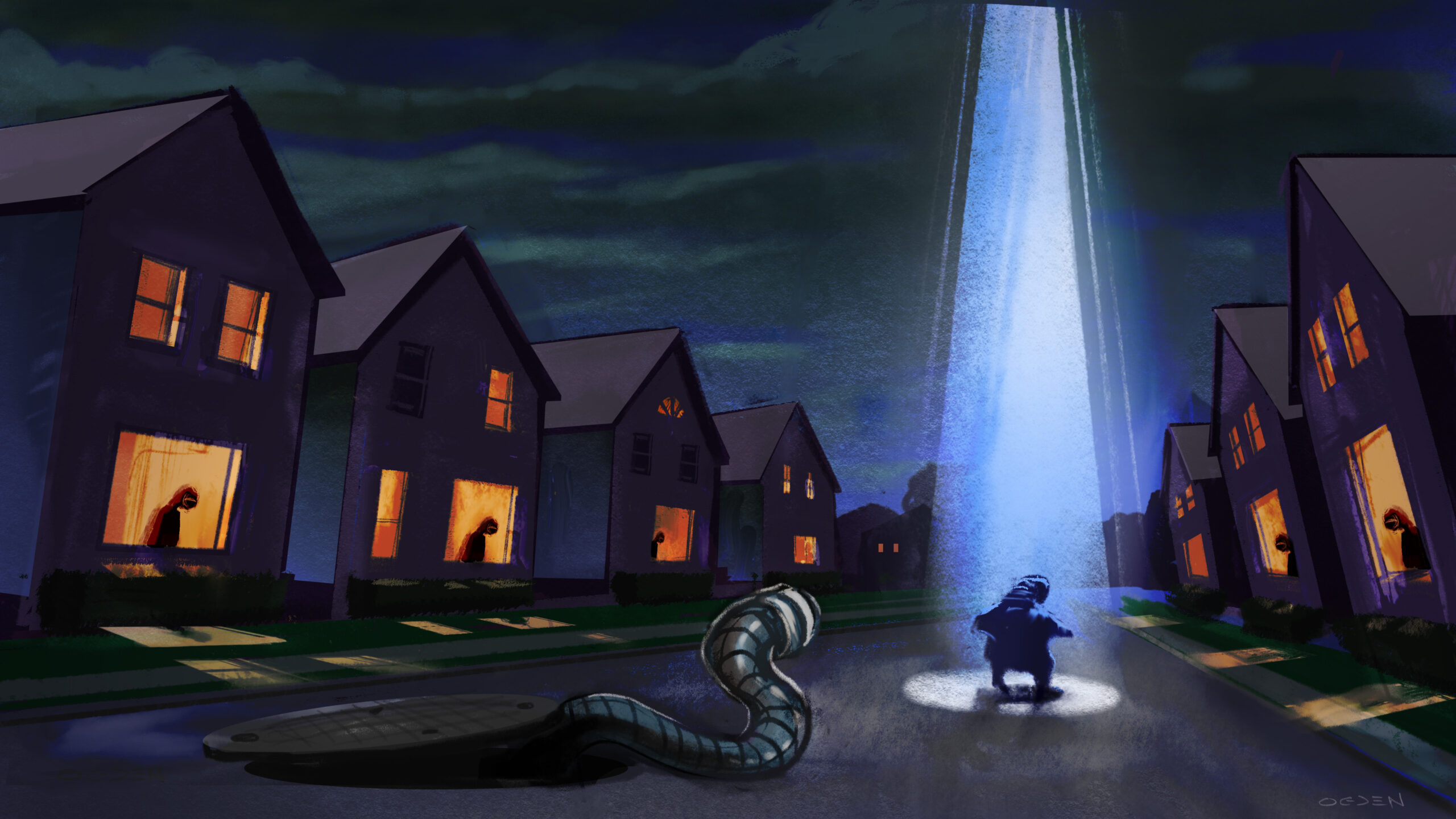 Laird Ogden &mdash; suburban street illustration with creature