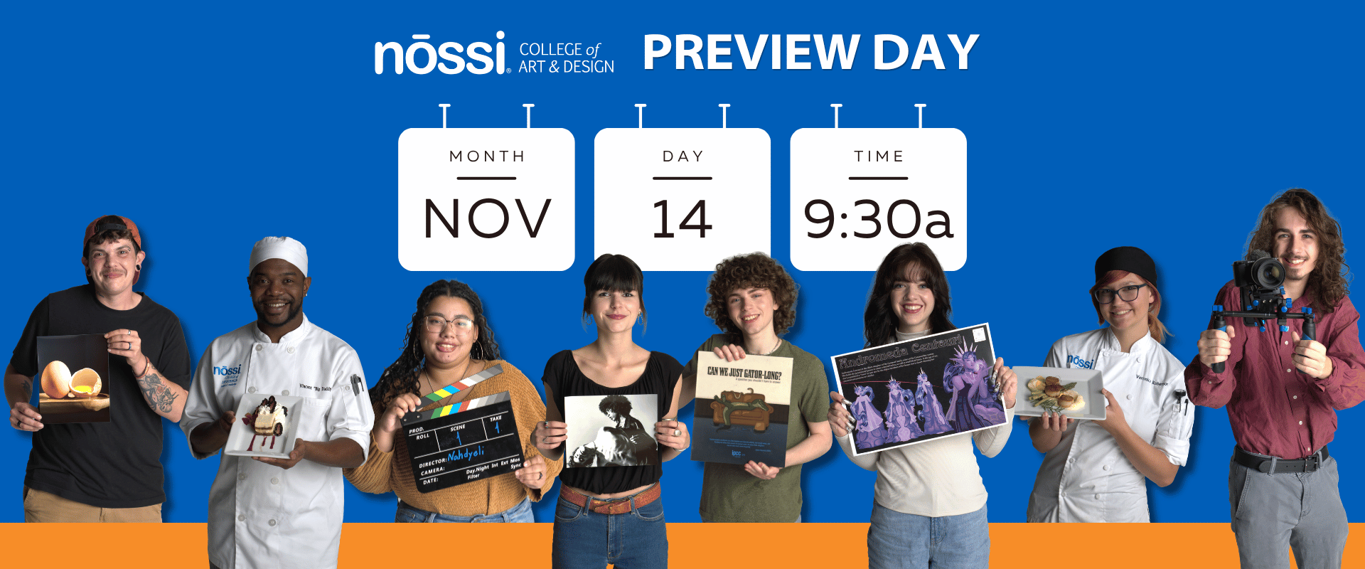 Nossi College Preview Day, Nov 14 at 9:30 a.m., with students holding their creative work