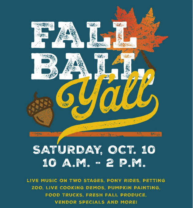 Fall Ball Y'all festival poster from Nashville Farmers Market, Saturday, October 10, 10 a.m. to 2 p.m.